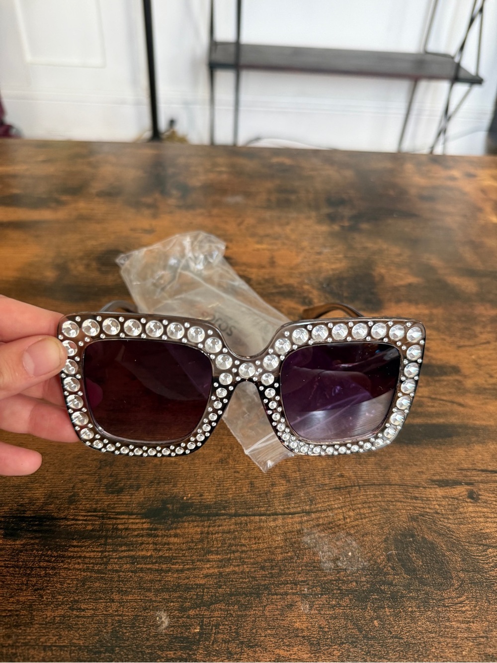Crystal-Embellished Square Sunglasses in Black fashion glasses
